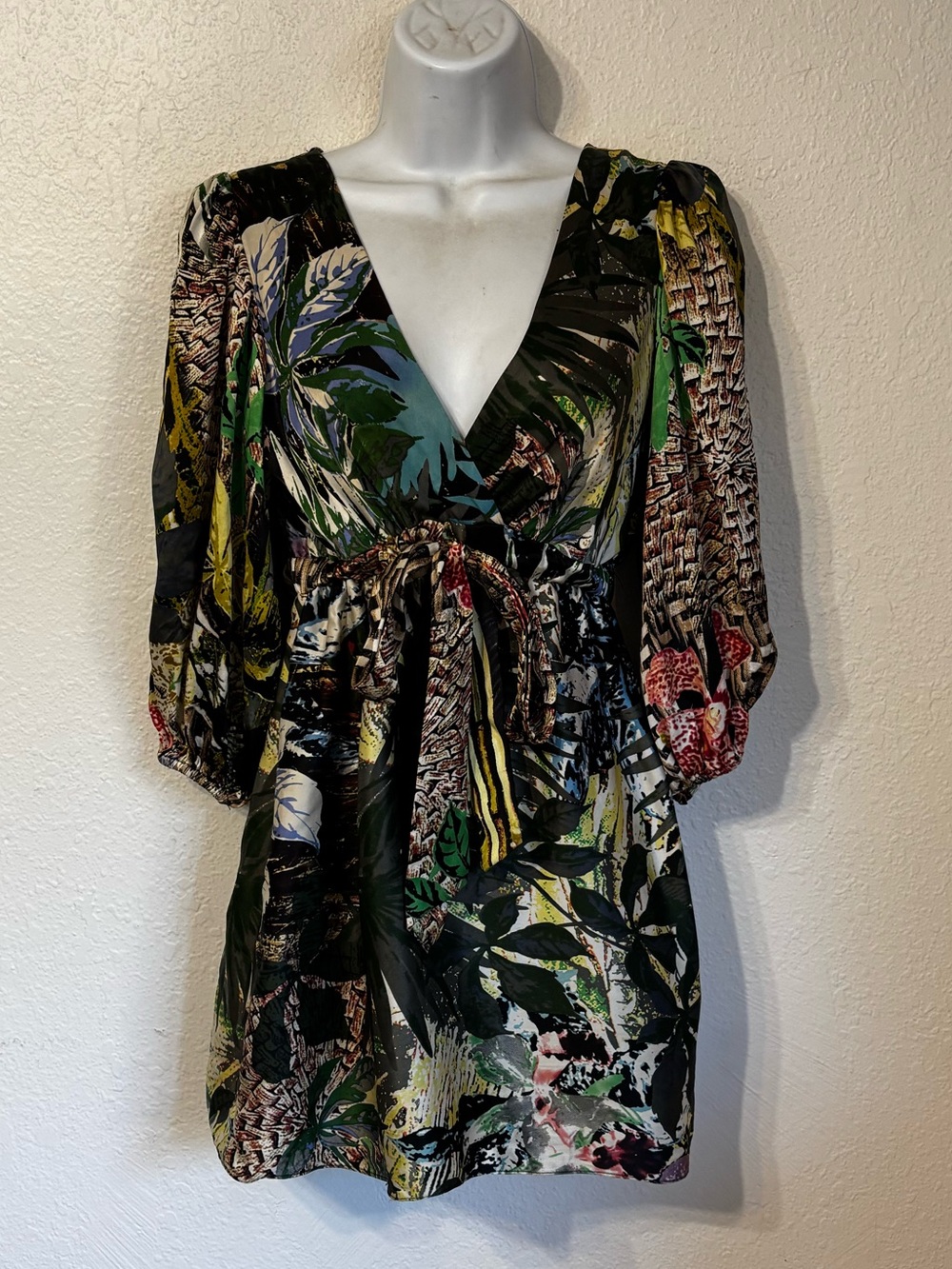 Vintage Y2K Cache Tropical Print Tie Front Mini Dress Size 2